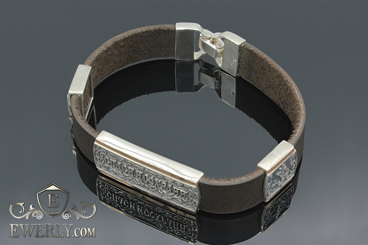Православный браслет для мужчин (тёмно-коричневая кожа с серебром и золотом)(18 г) купить по цене 9651 руб с доставкой в Тамбов.
